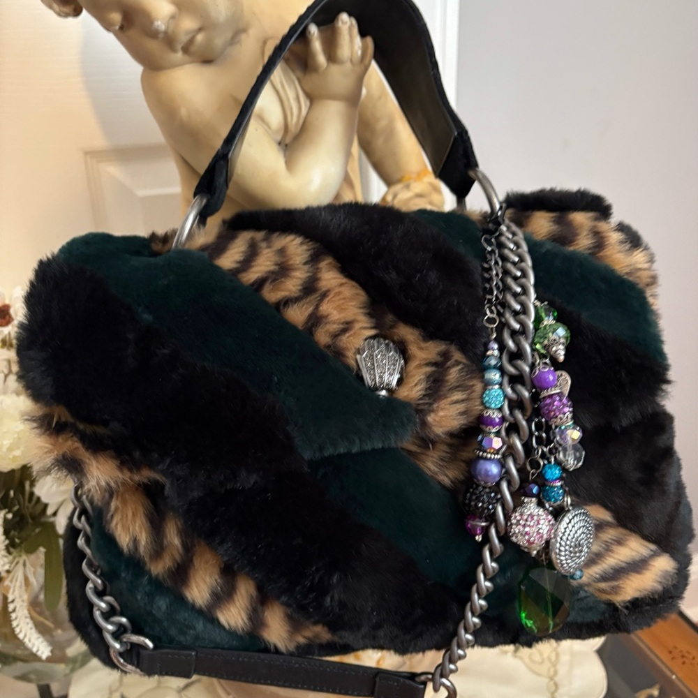 Kurt Geiger Green SoHo Multi Rainbow Faux Fur Shoulder Crossbody Bag